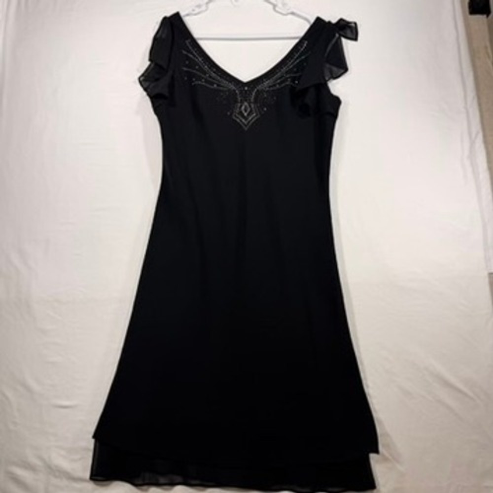 Sheri Martin‎ Cocktail Dress Women 12 Black Excellent Rhinestone Flutter Sleeve